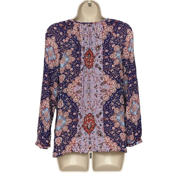 Lucky Brand Boho Blouse Top XS Red White Blue Geometric Long Sleeve - Picture 2 of 7